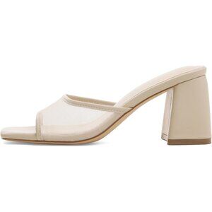 Women's Nude Mesh Slide Sandals Square Open Toe Mules Chunky Heels Slip Shoes